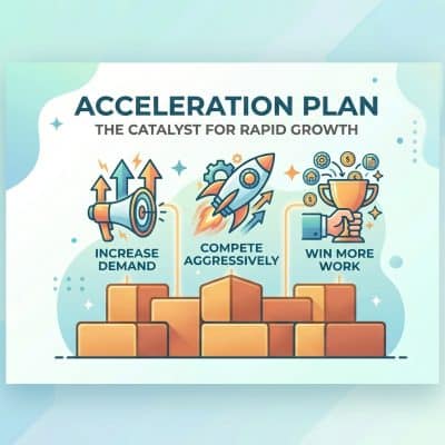 Infographic poster titled 'Acceleration Plan' with rockets, arrows, gears and a rising brick structure illustrating growth themes like increasing demand and winning more work.