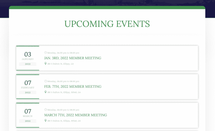 upcoming events web design layout