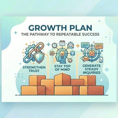 Growth Plan infographic showing a pathway to repeatable success with icons and stacked blocks at the bottom of the image area
