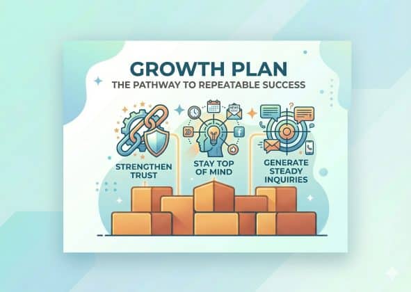 Growth Plan infographic showing a pathway to repeatable success with icons and stacked blocks at the bottom of the image area