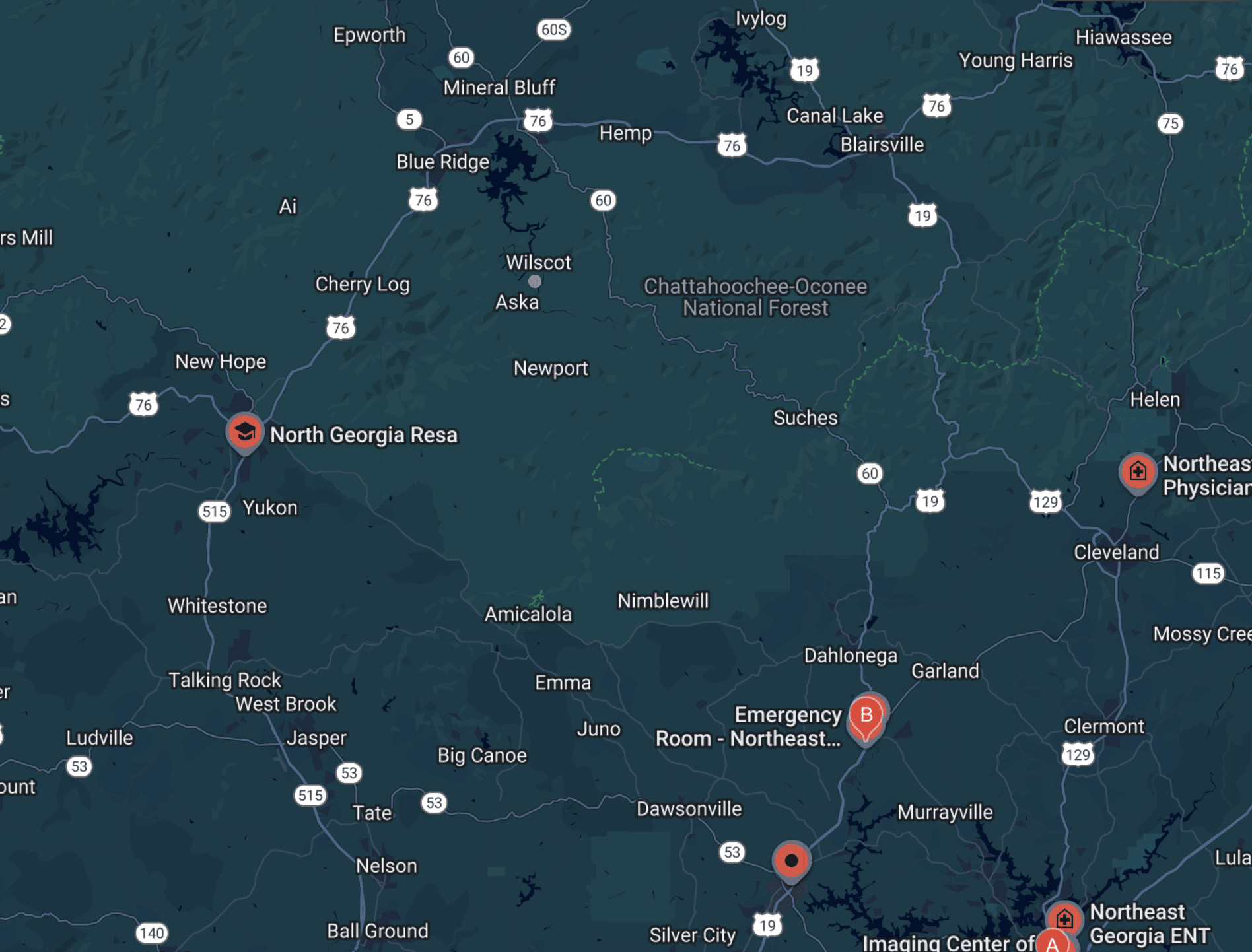 Ellijay, Blue Ridge, Dawsonville, Dalton, Blairsville, and Hiawassee.