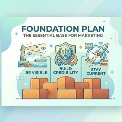 Foundation plan for marketing showing three pillars: Be Visible, Build Credibility, Stay Current with brick foundation imagery