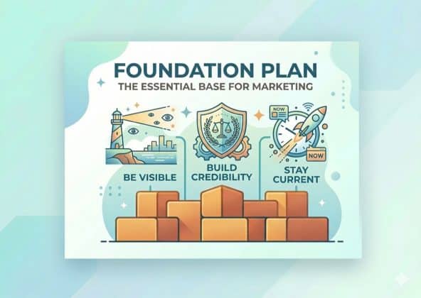 Foundation plan for marketing showing three pillars: Be Visible, Build Credibility, Stay Current with brick foundation imagery