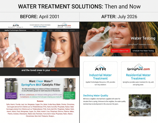 Before-and-after collage: left—2001 water-treatment site with people drinking water; right—2026 redesign with a Water Testing hero and CTAs.